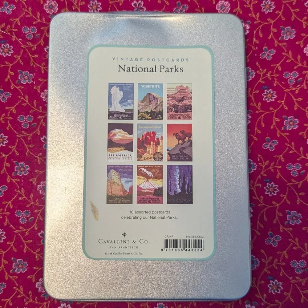 National Parks Postcards Tin 18 Ct Yosemite‎ Yellowstone Cavalini & Co Vintage